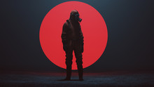 Man In A Hazmat Suit With A Big Red Alien Sphere In A Foggy Void 3d Illustration 3d Render