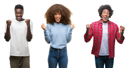 Poster - Collage of african american group of people over isolated background celebrating surprised and amazed for success with arms raised and open eyes. Winner concept.