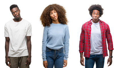 Canvas Print - Collage of african american group of people over isolated background making fish face with lips, crazy and comical gesture. Funny expression.