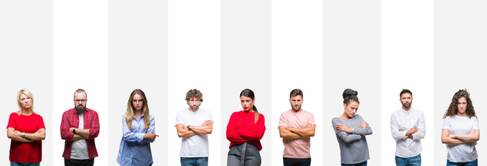 Wall Mural - Collage of different ethnics young people over white stripes isolated background skeptic and nervous, disapproving expression on face with crossed arms. Negative person.