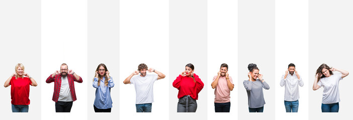 Canvas Print - Collage of different ethnics young people over white stripes isolated background covering ears with fingers with annoyed expression for the noise of loud music. Deaf concept.