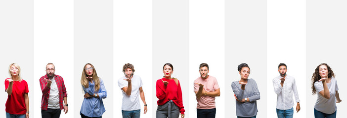 Poster - Collage of different ethnics young people over white stripes isolated background looking at the camera blowing a kiss with hand on air being lovely and sexy. Love expression.