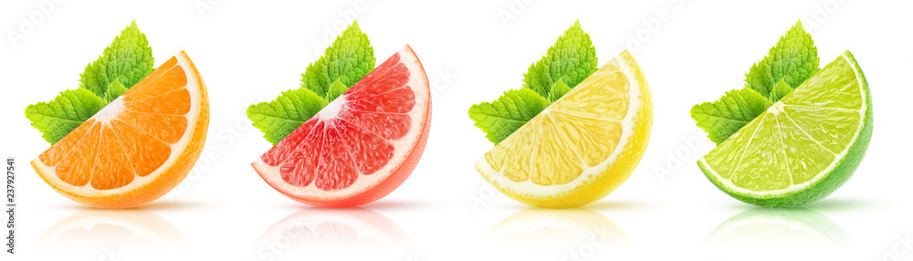 Isolated citrus fruits collection. Wedges of orange, pink grapefruit, lemon and lime with mint leaves on white background with clipping path - obrazy, fototapety, plakaty 