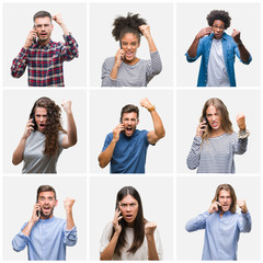 Sticker - Collage of group of young people calling using smartphone over isolated background annoyed and frustrated shouting with anger, crazy and yelling with raised hand, anger concept