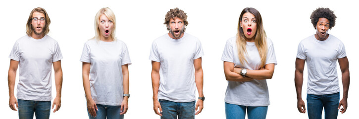 Poster - Collage of group of people wearing casual white t-shirt over isolated background afraid and shocked with surprise expression, fear and excited face.