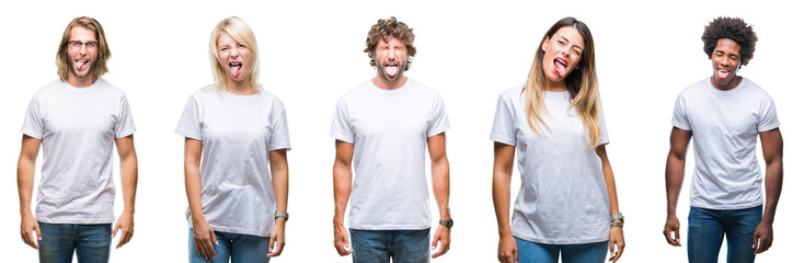 Poster - Collage of group of people wearing casual white t-shirt over isolated background sticking tongue out happy with funny expression. Emotion concept.