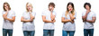 © Krakenimages.com - Collage of group of people wearing casual white t-shirt over isolated background thinking looking tired and bored with depression problems with crossed arms.