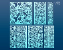 Laser Cut Panel Template Set With Pattern Of Seashells And Stars. Ratio 1:1, 1:2, 1:4, 2:3, 3:4. Decorative Elements For Interior Design In Marine Style.