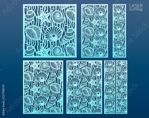 Laser Cut Panel Template Set With Pattern Of Seashells And Stars Ratio 1 1 1 2 1 4 2 3 3 4 Decorative Elements For Interior Design In Marine Style Buy This Stock Vector And Explore