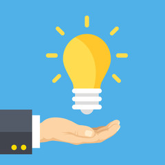 Poster - Hand holding lightbulb. Human hand and light bulb. Business solution, smart idea, creativity, innovation concepts. Modern flat design graphic elements. Vector illustration