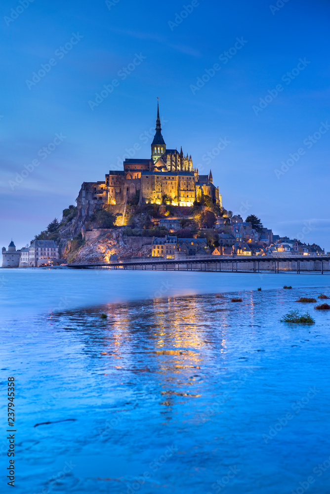 Lights of castle in twilight time in low tide in France - obrazy, fototapety, plakaty 