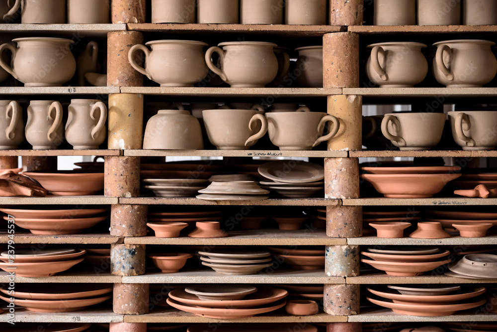 crafted pottery in portugal, still life of hand made pottery and ceramic bowls - obrazy, fototapety, plakaty 