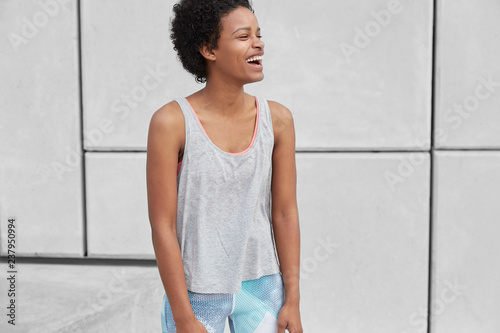Fitness Sporty Girl With Black Skin Afro Hairstyle Has Jogging