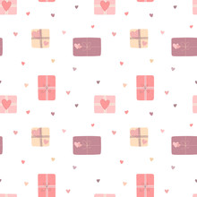 Seamless Pattern Of Hand-drawn Love Gifts And Hearts In Pink, Beige, Lilac Colors. Vector Image For Valentine's Day, Lovers, Prints, Clothes, Textiles, Cards, Holidays, Children, Baby, Wrapping Paper
