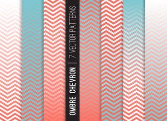 Wall Mural - Ombre Chevron Vector Patterns Tile in Aqua Blue & Living Coral 2019 Color of the Year. Gradient Fade Texture Dip Dye Style. Zigzag Stripes Blending into Solid Color. Horizontally Seamless Swatch Incl