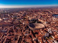 Aerial View Cityscape Of Verona City And Arena, Italy Drone.