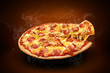 © Dzha - Concept horizontal promotional flyer and poster for Restaurant pizzeria menu with delicious taste pizza pepperoni and slice, mozzarella cheese and copy space for your promo text