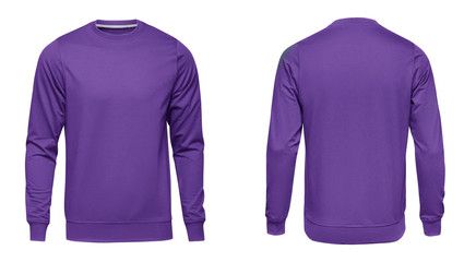 Wall Mural - Blank template mens purple sweatshirt long sleeve, front and back view, isolated on white background with clipping path. Design violet pullover mockup for print