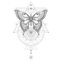 Vector illustration with hand drawn butterfly and Sacred geometric symbol on white background. Abstract mystic sign.