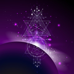 Wall Mural - Vector illustration of Sacred or mystic symbol against the space background with sunrise and stars. Abstract geometric sign drawn in lines. Multicolored.