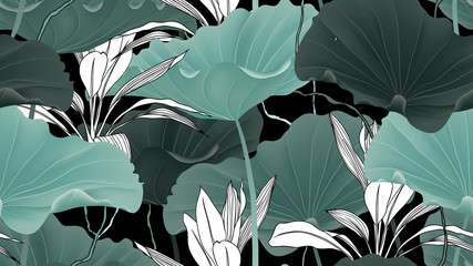 Botanical seamless pattern, lotus leaves, plants and vines on black background