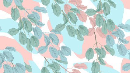  Botanical seamless pattern, green, blue and pink leaves with abstract shapes on white background