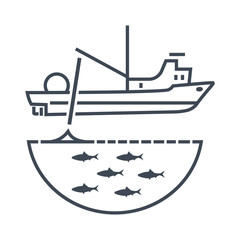 thin line icon trawler, seiner ship, fishing net