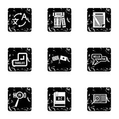 Translation icons set. Grunge illustration of 9 translation vector icons for web