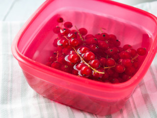 Red currant washed in water in bowl