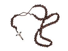 Rosary Isolated On White Background. Christian Cross, Crucifix, Wooden Beads.