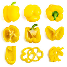 Set Of Fresh Whole And Sliced Yellow Bell Pepper Isolated On White Background. Top View