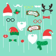 Set Of Piece Photo Booth Props For Merry Christmas And Happy New Year. Vector Illustration.