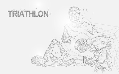 Fototapete - Swimming, cycling and running in triathlon game form lines, triangles and particle style design. Illustration vector