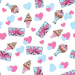 Seamless vector pattern for Valentine's Day. Hearts, cakes, keys and other romantic elements on a pink background.