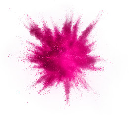 Wall Mural - Explosion of purple powder on white background