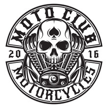 Monochrome Vector Pattern On The Theme Of Moto With Skull And Engine