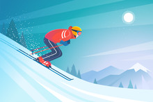 Skiing In The Mountains. Vector Illustration In Trendy Flat Style With Skier In Red Sports Suit, Skiing Downhill On The Snow Mountains Landscape Background.