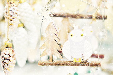 Wall Mural - Greeting card with Christmas owl on branch and Christmas elements