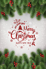Wall Mural - Merry Christmas Typographical on white background with tree branches decorated with berries, lights, snowflakes. Xmas theme. Vector Illustration