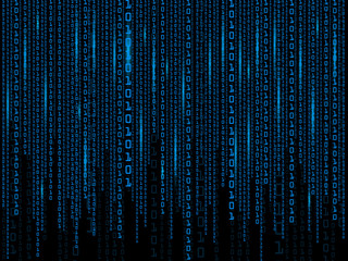 Digital background of blue matrix on black backdrops. Binary computer code. Vector Illustration. 