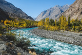 Fototapeta  - Autumn scene, blue turquoise water of Gilgit river flowing through Gupis, Ghizer, Gilgit-Baltistan, Pakistan.