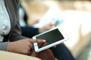 Wall Mural - close up.business woman presses the digital tablet screen