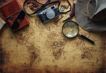 Aufkleber - old map and vintage travel equipment / Travel concept
