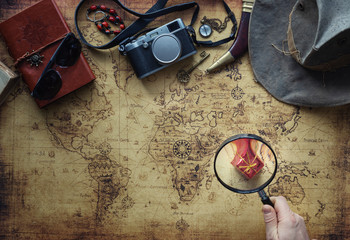 Aufkleber - old map and vintage travel equipment / expedition concept or treasure hunt.