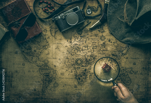Cuadros en Lienzo old map and vintage travel equipment / expedition concept or treasure hunt