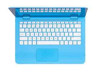 Wall Mural - Open blue laptop with english keyboard, top view