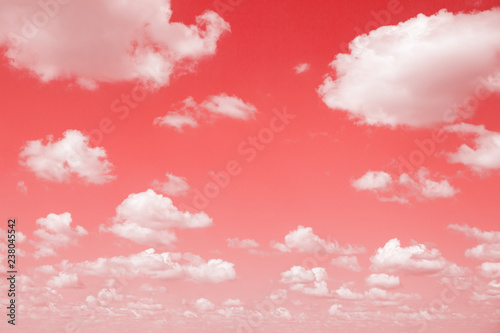 Obraz na płótnie Gradient Living Coral color of the Year 2019 Sky with fluffy clouds Retro toned abstract background, minimal