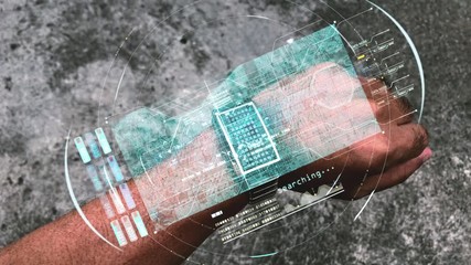 Leinwandbilder - A futuristic concept of advance communication technology depicting a holographic watches display searching the map for location in the city