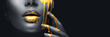Golden paint smudges drips from the face lips and hand, golden liquid drops on beautiful model girl's mouth, creative abstract makeup. Beauty woman face