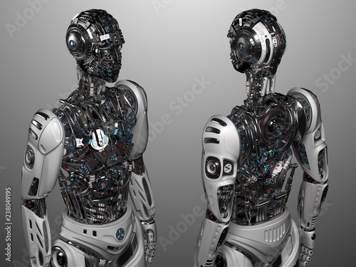 Two Very Detailed Futuristic Robots Or Cyborgs Standing With Internal Parts Uncovered Front Left And Back Right Views Isolated On Grey Background 3d Illustration Stock イラスト Adobe Stock